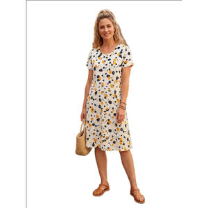 Women's Simier Fariry White Orange Floral Short Sleeve Dress L